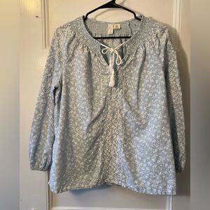 JOIE Embroidered Floral Linen Blend Tassel Tie-Neck Blouse Blue/White Medium